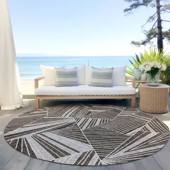 8' Brown And Beige Round Geometric Washable Indoor Outdoor Area Rug