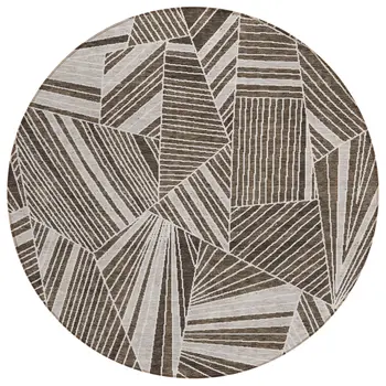 8' Brown And Beige Round Geometric Washable Indoor Outdoor Area Rug