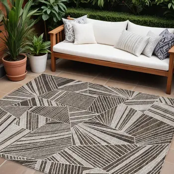10' X 14' Brown And Beige Geometric Washable Indoor Outdoor Area Rug