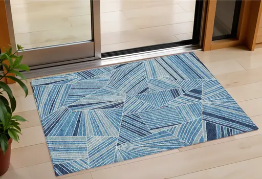 3' X 5' Blue And Teal Blue Geometric Washable Indoor Outdoor Area Rug