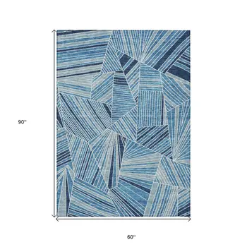 5' X 8' Blue And Teal Blue Geometric Washable Indoor Outdoor Area Rug