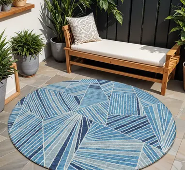 8' Blue And Teal Blue Round Geometric Washable Indoor Outdoor Area Rug