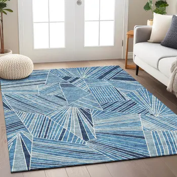 8' X 10' Blue And Teal Blue Geometric Washable Indoor Outdoor Area Rug