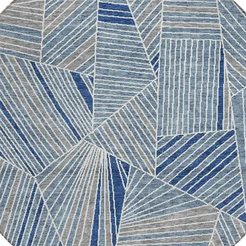 8' Denim Blue Gray And Ivory Round Geometric Washable Indoor Outdoor Area Rug