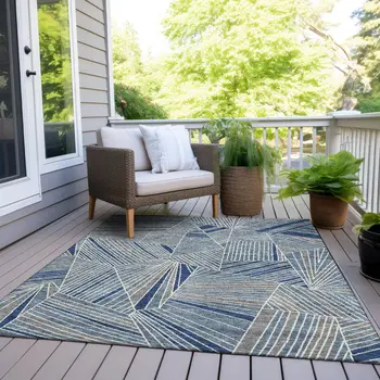 9' X 12' Denim Blue Gray And Ivory Geometric Washable Indoor Outdoor Area Rug