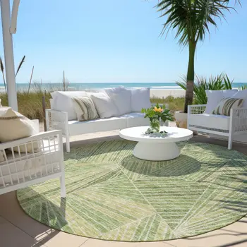 8' Green And Olive Green Round Geometric Washable Indoor Outdoor Area Rug