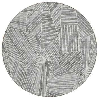 8' Gray And Ivory Round Geometric Washable Indoor Outdoor Area Rug