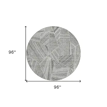 8' Gray And Ivory Round Geometric Washable Indoor Outdoor Area Rug