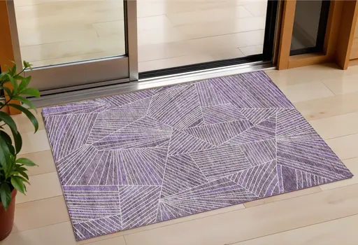 3' X 5' Purple And Ivory Geometric Washable Indoor Outdoor Area Rug