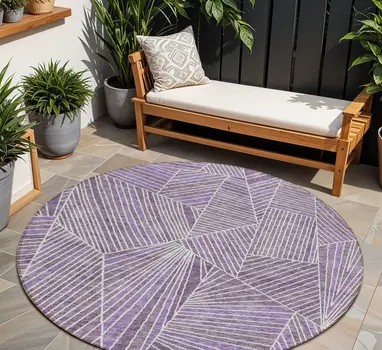 8' Purple And Ivory Round Geometric Washable Indoor Outdoor Area Rug