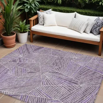 9' X 12' Purple And Ivory Geometric Washable Indoor Outdoor Area Rug
