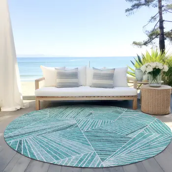 8' Teal Blue And Ivory Round Geometric Washable Indoor Outdoor Area Rug