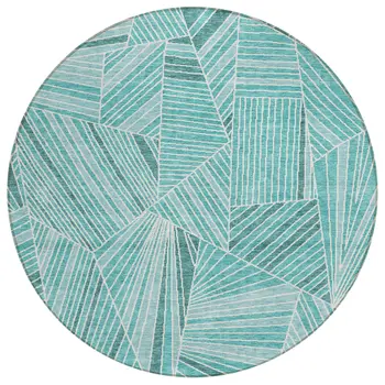 8' Teal Blue And Ivory Round Geometric Washable Indoor Outdoor Area Rug