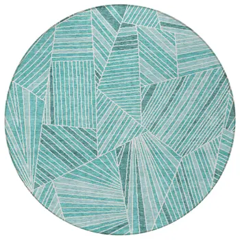 8' Teal Blue And Ivory Round Geometric Washable Indoor Outdoor Area Rug