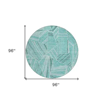 8' Teal Blue And Ivory Round Geometric Washable Indoor Outdoor Area Rug