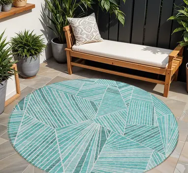 8' Teal Blue And Ivory Round Geometric Washable Indoor Outdoor Area Rug