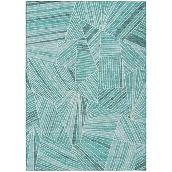 9' X 12' Teal Blue And Ivory Geometric Washable Indoor Outdoor Area Rug
