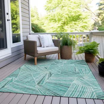 10' X 14' Teal Blue And Ivory Geometric Washable Indoor Outdoor Area Rug