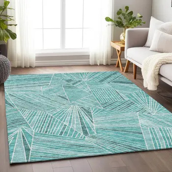 10' X 14' Teal Blue And Ivory Geometric Washable Indoor Outdoor Area Rug