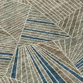 8' Taupe Blue And Beige Round Geometric Washable Indoor Outdoor Area Rug
