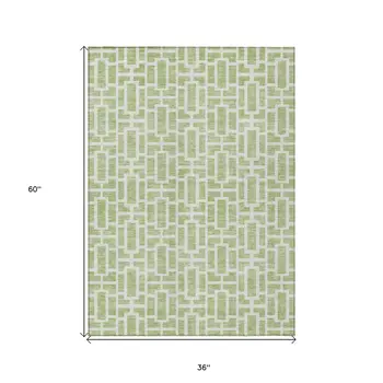 3' X 5' Artichoke Green And Ivory Geometric Washable Indoor Outdoor Area Rug