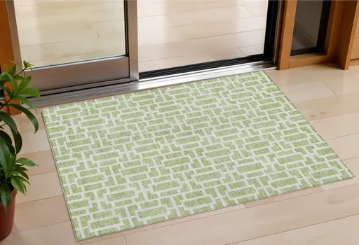 3' X 5' Artichoke Green And Ivory Geometric Washable Indoor Outdoor Area Rug