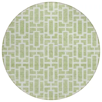 8' Artichoke Green And Ivory Round Geometric Washable Indoor Outdoor Area Rug