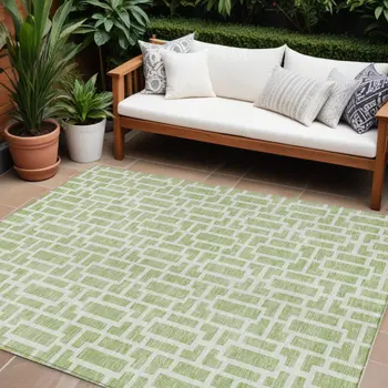 8' X 10' Artichoke Green And Ivory Geometric Washable Indoor Outdoor Area Rug