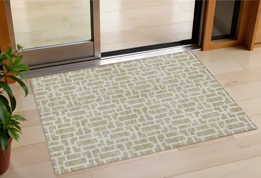 3' X 5' Beige And Brown Geometric Washable Indoor Outdoor Area Rug