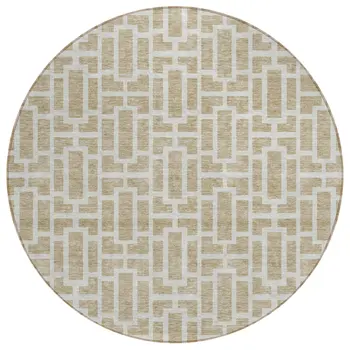 8' Beige And Brown Round Geometric Washable Indoor Outdoor Area Rug