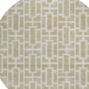 8' Beige And Brown Round Geometric Washable Indoor Outdoor Area Rug