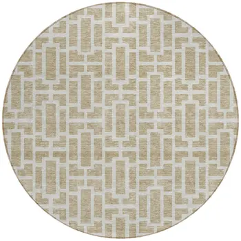 8' Beige And Brown Round Geometric Washable Indoor Outdoor Area Rug