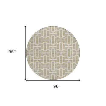 8' Beige And Brown Round Geometric Washable Indoor Outdoor Area Rug