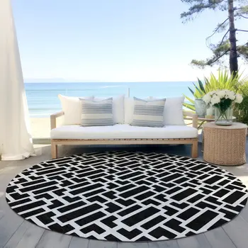 8' Black And Ivory Round Geometric Washable Indoor Outdoor Area Rug