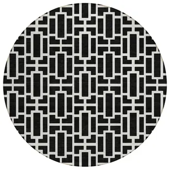 8' Black And Ivory Round Geometric Washable Indoor Outdoor Area Rug
