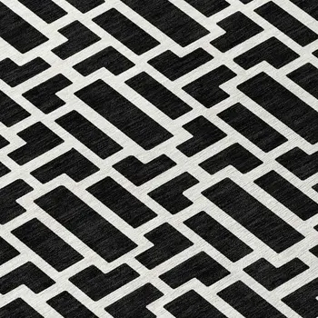 8' Black And Ivory Round Geometric Washable Indoor Outdoor Area Rug