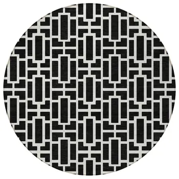 8' Black And Ivory Round Geometric Washable Indoor Outdoor Area Rug