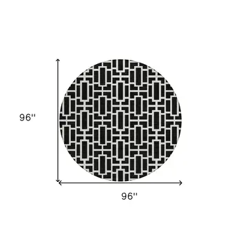 8' Black And Ivory Round Geometric Washable Indoor Outdoor Area Rug