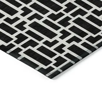 8' X 10' Black And Ivory Geometric Washable Indoor Outdoor Area Rug