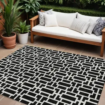 9' X 12' Black And Ivory Geometric Washable Indoor Outdoor Area Rug