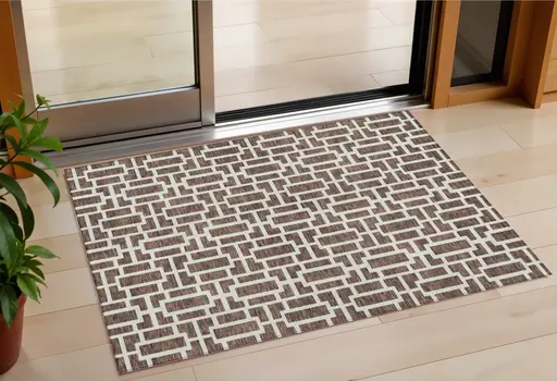 3' X 5' Brown And Beige Geometric Washable Indoor Outdoor Area Rug