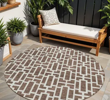 8' Brown And Beige Round Geometric Washable Indoor Outdoor Area Rug
