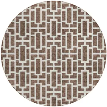 8' Brown And Beige Round Geometric Washable Indoor Outdoor Area Rug