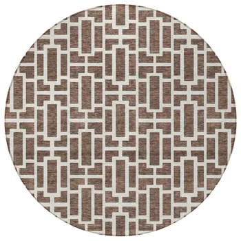 8' Brown And Beige Round Geometric Washable Indoor Outdoor Area Rug