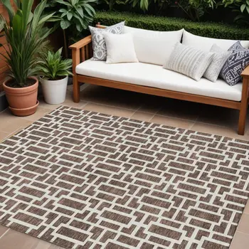 8' X 10' Brown And Beige Geometric Washable Indoor Outdoor Area Rug