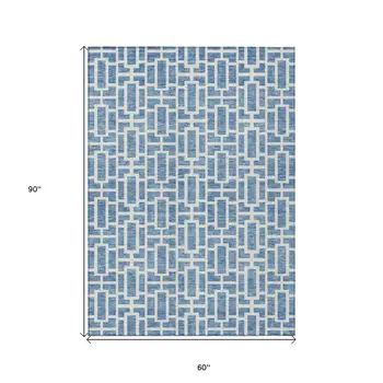 5' X 8' Denim Blue And Ivory Geometric Washable Indoor Outdoor Area Rug