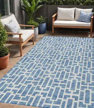 5' X 8' Denim Blue And Ivory Geometric Washable Indoor Outdoor Area Rug