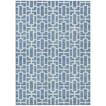 5' X 8' Denim Blue And Ivory Geometric Washable Indoor Outdoor Area Rug
