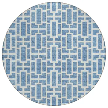 8' Denim Blue And Ivory Round Geometric Washable Indoor Outdoor Area Rug