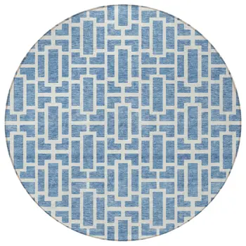 8' Denim Blue And Ivory Round Geometric Washable Indoor Outdoor Area Rug